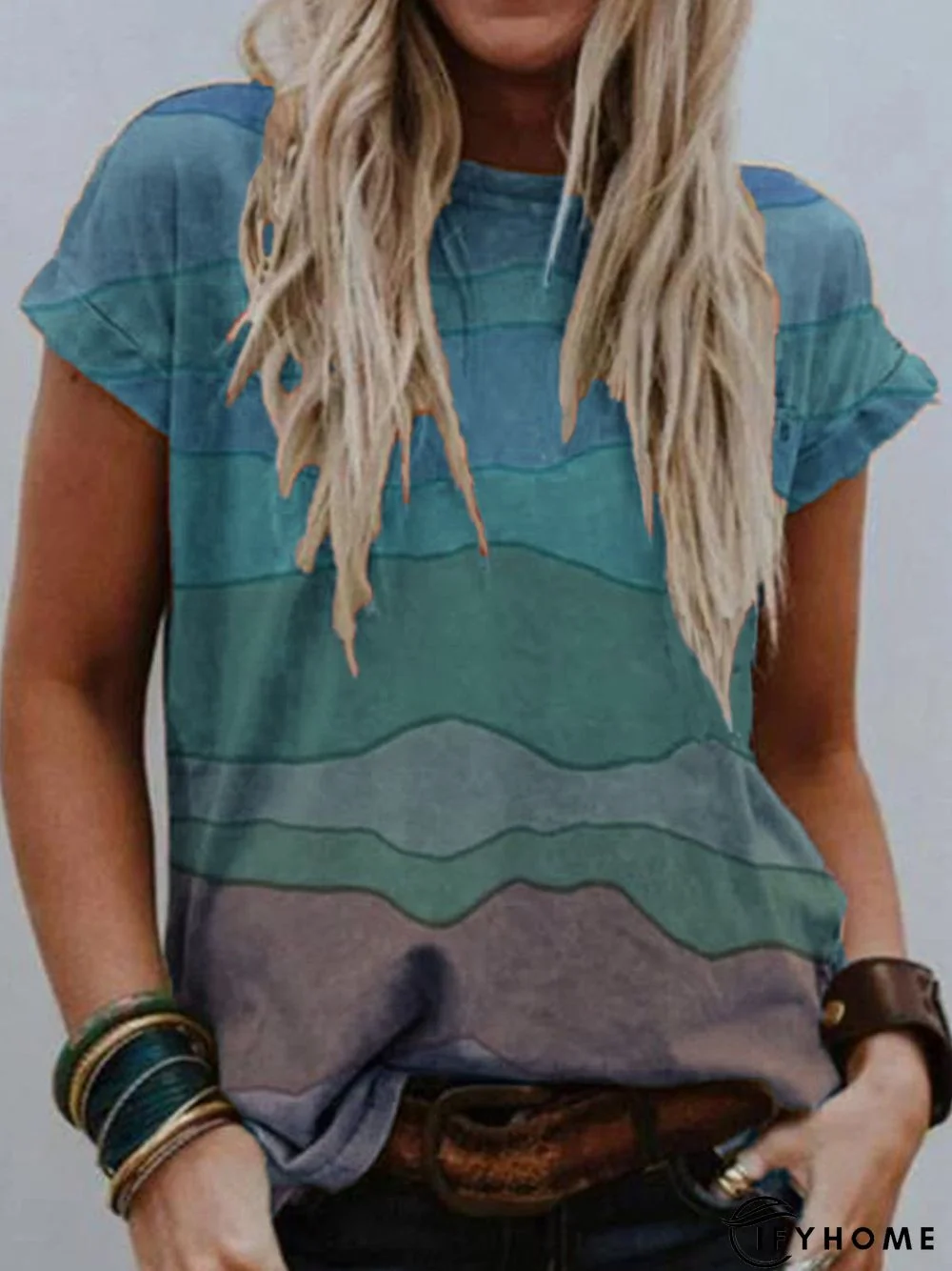 Multicolor Short Sleeve Round Neck Casual Tops | IFYHOME