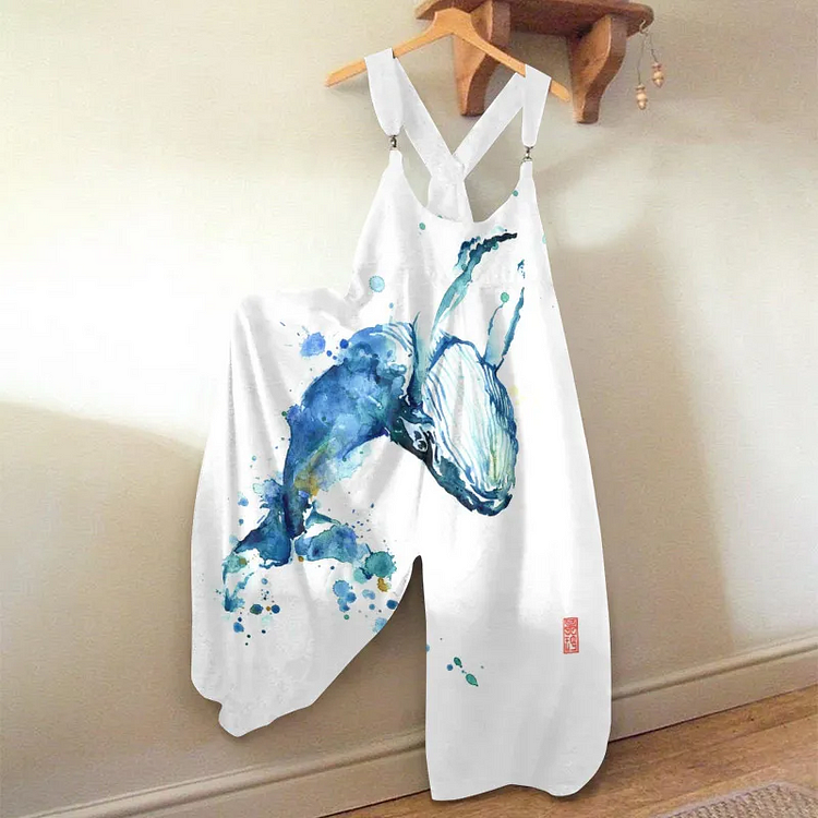 Vacation Simple Jumping Whale Watercolor Art Print Loose Casual Jumpsuit