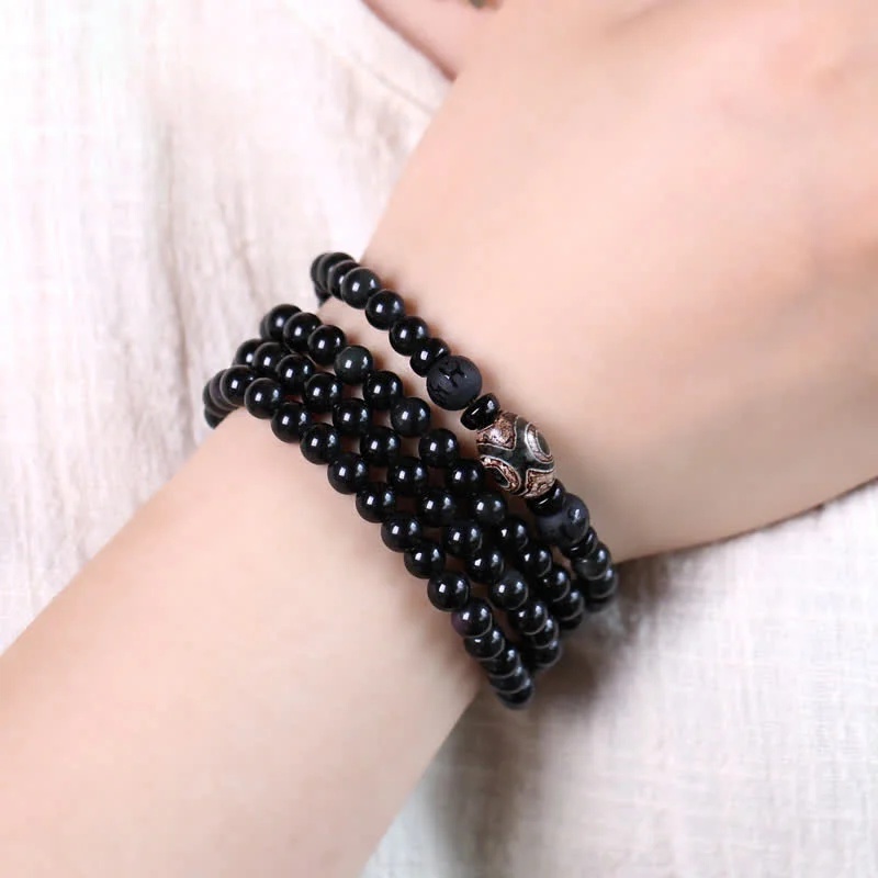 Black Obsidian Dzi Bead Tiger Eye Agate Healing 108 Beads Mala Bracelet