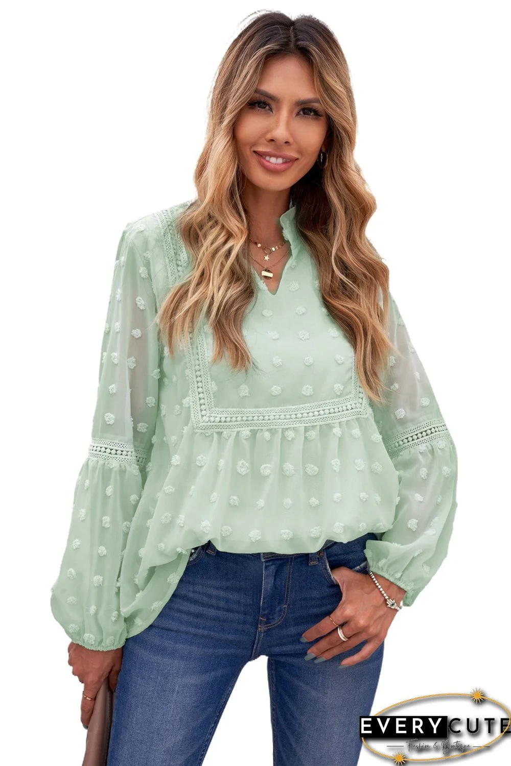 Green Ruffled Split Neck Lace Hollow Out Puff Sleeve Polka Dot Blouse