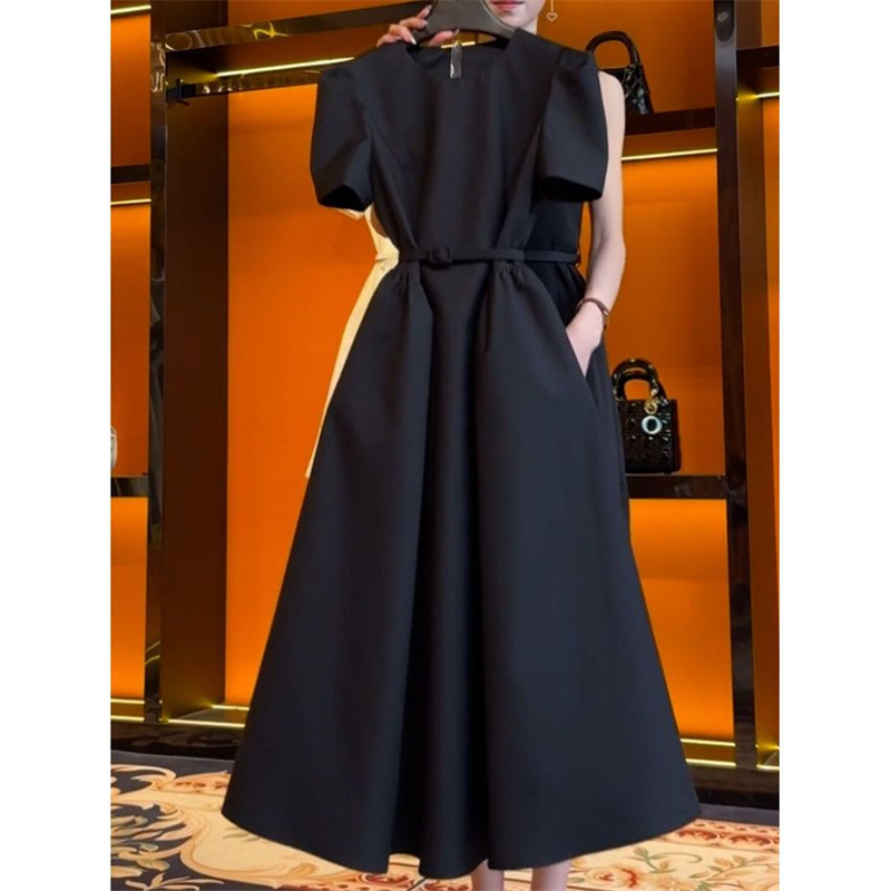 Lucklandworld French Black Women's Formal Dress With Belt Solid Color Office Lady Puff Sleeve High Waist A-Line Long Party Vestidos Robe 032P