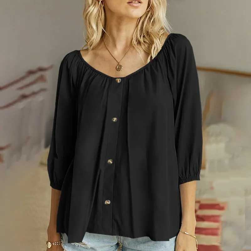 Fashion Women White Blouses 2022 Celmia Folds Buttons Tunic Summer Casual O-neck Tops Elegant 3/4 Puff Sleeve Shirt Blusas Femme