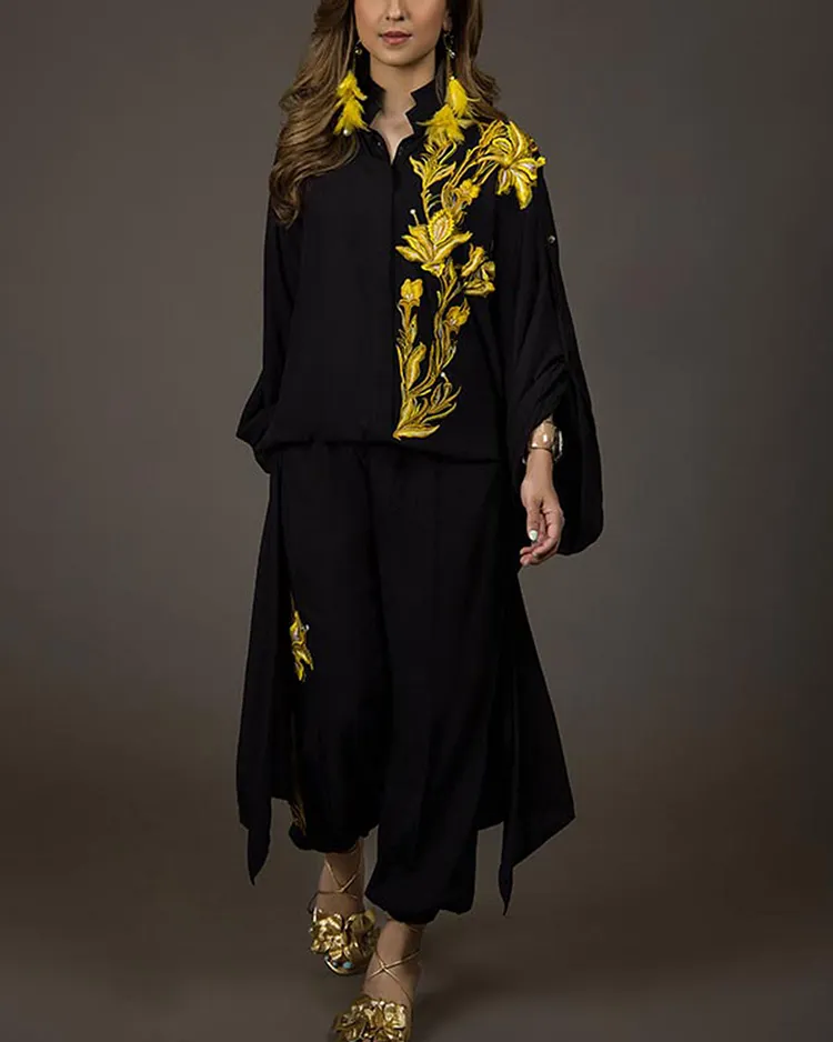 Embroidered Shirt and Pants Two-Piece Set