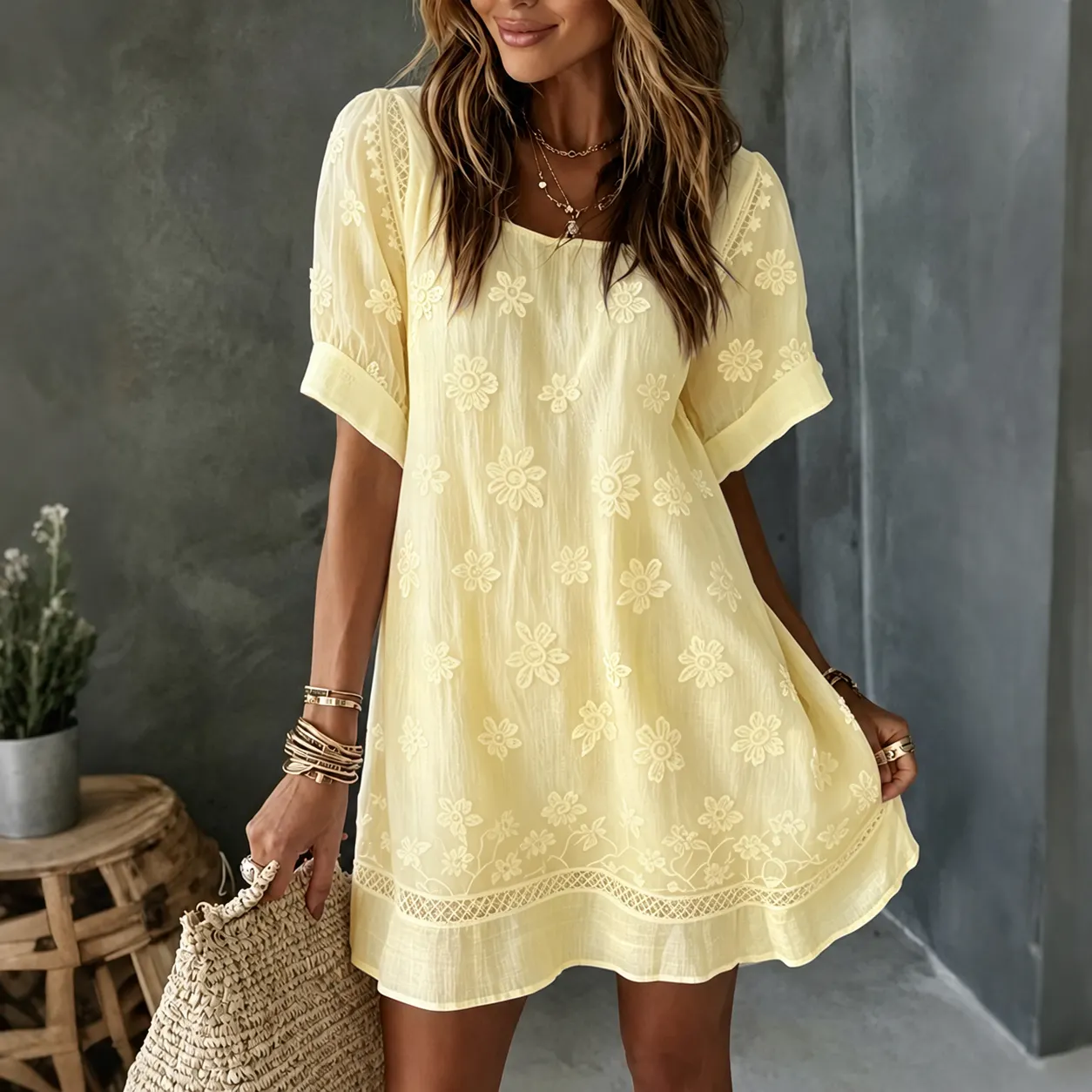 Women's White Rose Art Embroidered Linen Blend Round Neck Maxi Dress elevenforest