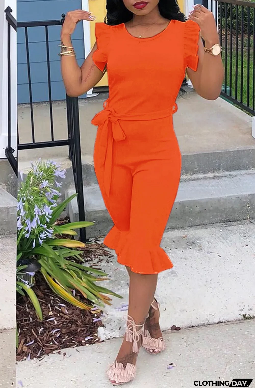 Red Casual Solid Flounce O Neck Regular Jumpsuits