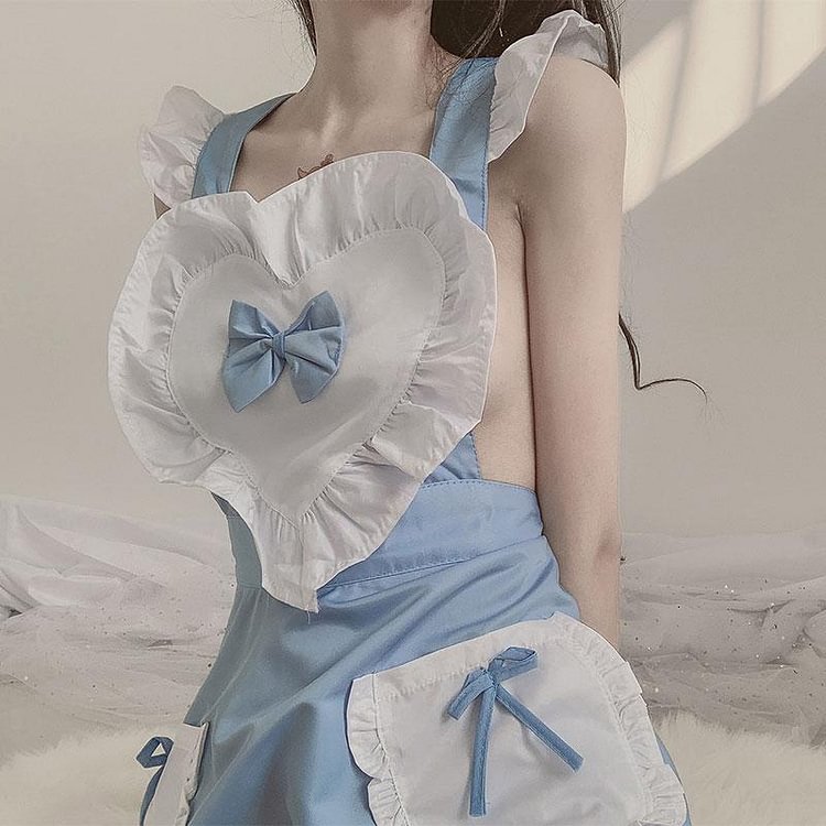 Love Heart Ruffle Maid Bow Pocket Lingerie Dress - Modakawa Modakawa