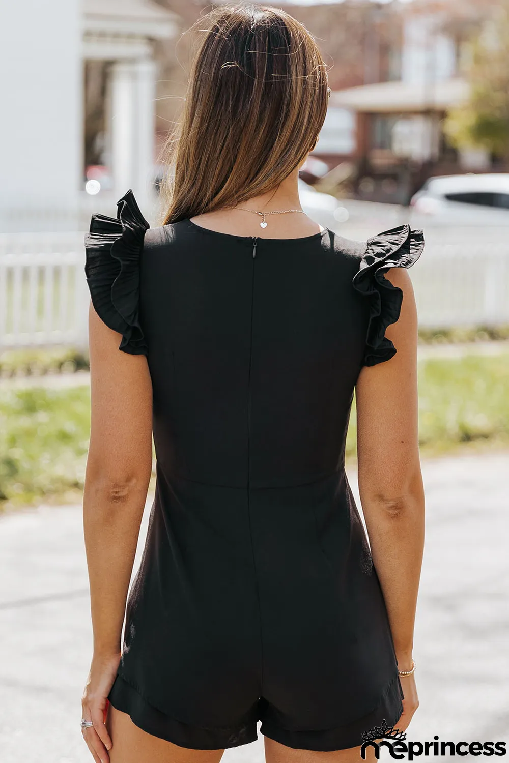 Black Ruffle Sleeves Solid Romper