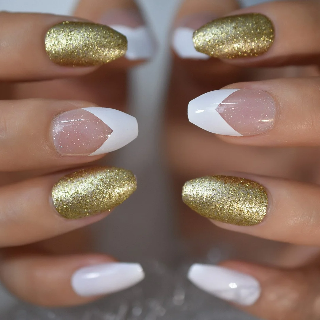 Medium Ballerina Press On Nails White Base Abstract Painting Mix Color Gold Line Decorative Fake Nails Tips 24 CT-Nail Inspo