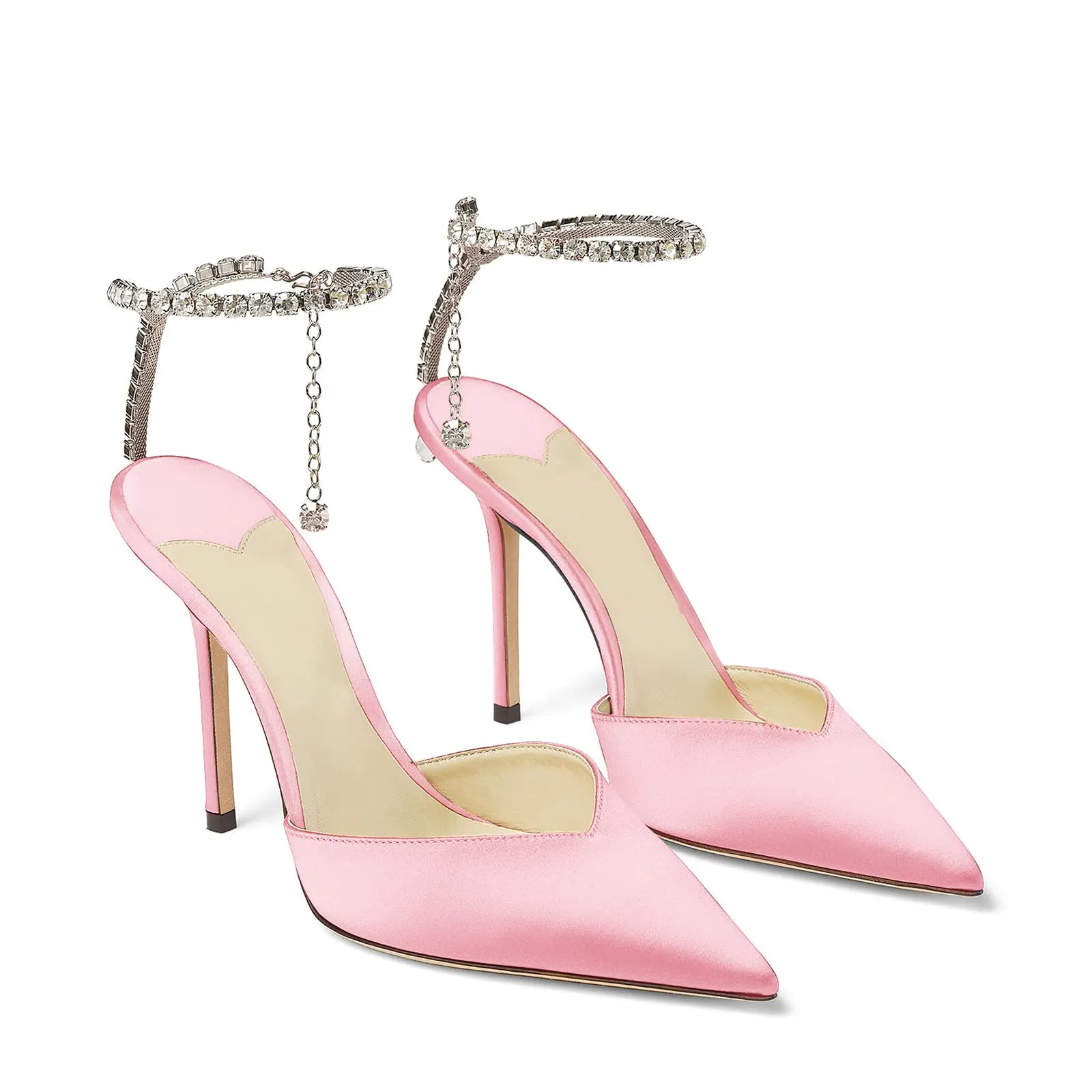 100mm Women's Sandals Crystal Chain Ankle Straps Rhinestones Buckle Heels Stiletto Satin Dress Shoes-vocosishoes