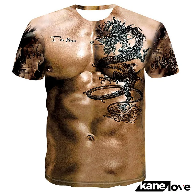 Men Fashion Multicolor 3d Creative Muscle Tattoo Printing Round Neck Short Sleeve T-Shirt