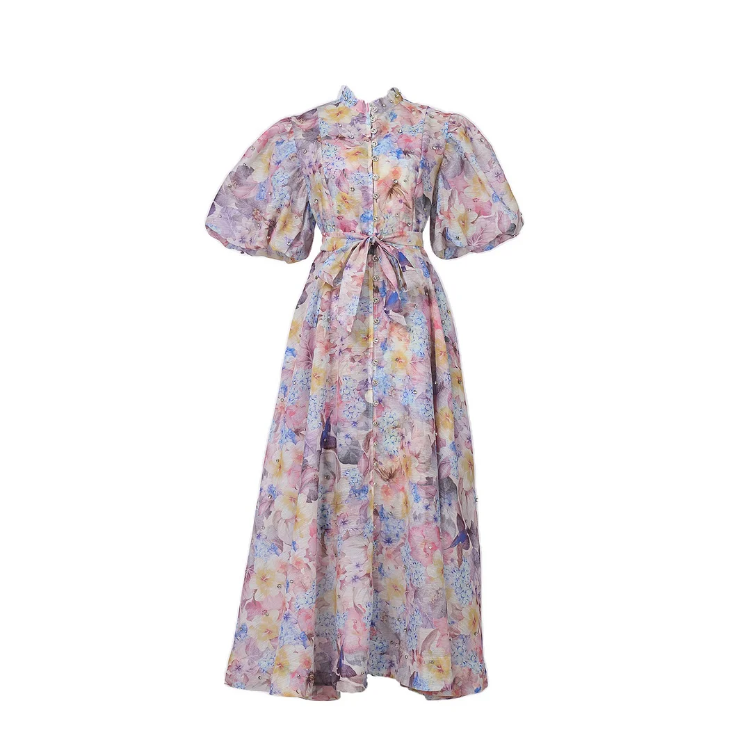 Nigikala Nigikala Court Style High Design Feeling Heavy Industry Nail Drill Short Sleeve Single Buckle Dress + Sling