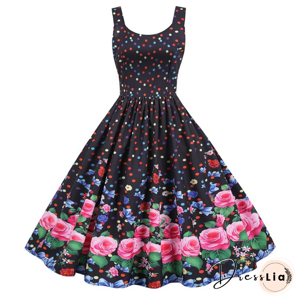 Sweet Heart Print Swing Vintage Women Summer Dress Sexy Halter Retro Rockabilly Rave Party