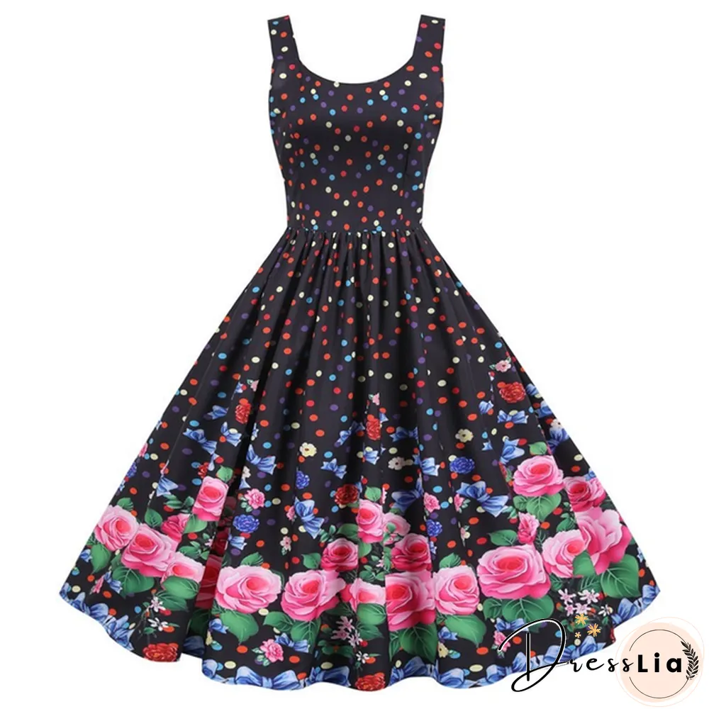 Sweet Heart Print Swing Vintage Women Summer Dress Sexy Halter Retro Rockabilly Rave Party