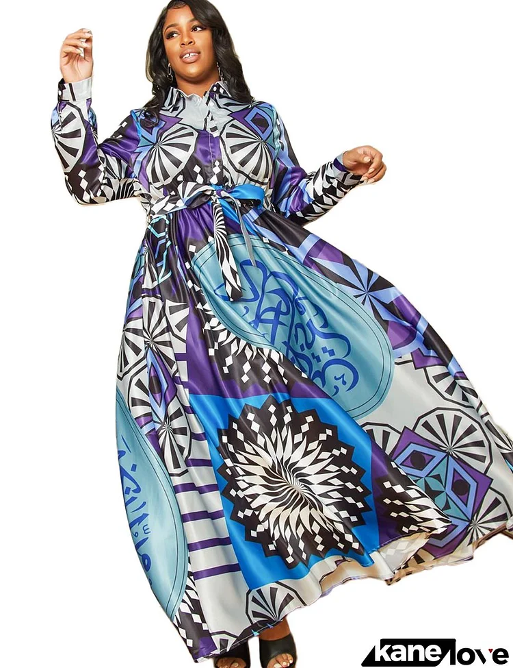 Women Fashion Plus Size Graphic Printed Long Sleeve Loose Maxi Dress