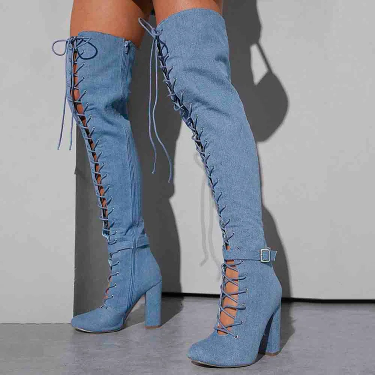 Blue Round Toe Block Heels Lace Up Zip Over the Knee Denim Boots |FSJ Shoes