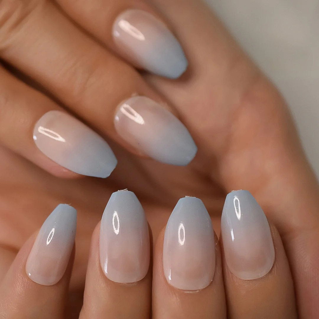 Holographic Silver Glitter Acrylic Nails Ombre French Fake Nails Coffin Shape Nude Nail Art Tips Pre-designed-Nail Inspo