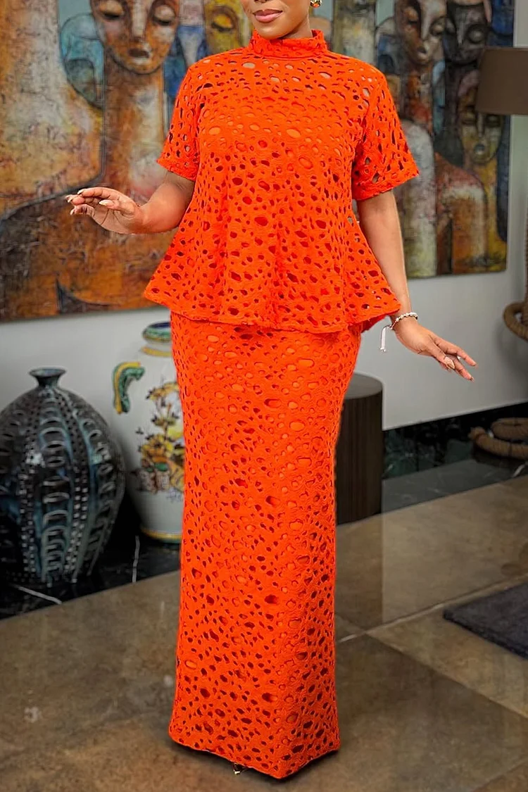 Plus Size Formal Orange Elegant Mock Neck Short Sleeve Ruffle Two Piece Skirt Sets [Pre-Order] 2024 - Xpluswear