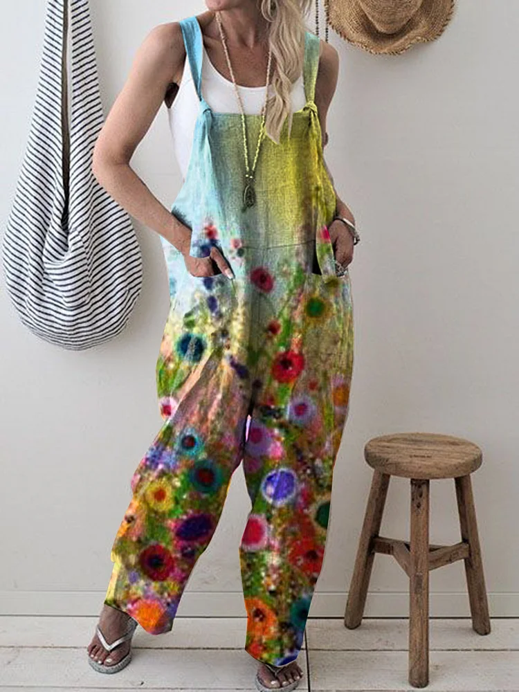 Retro print loose casual jumpsuit