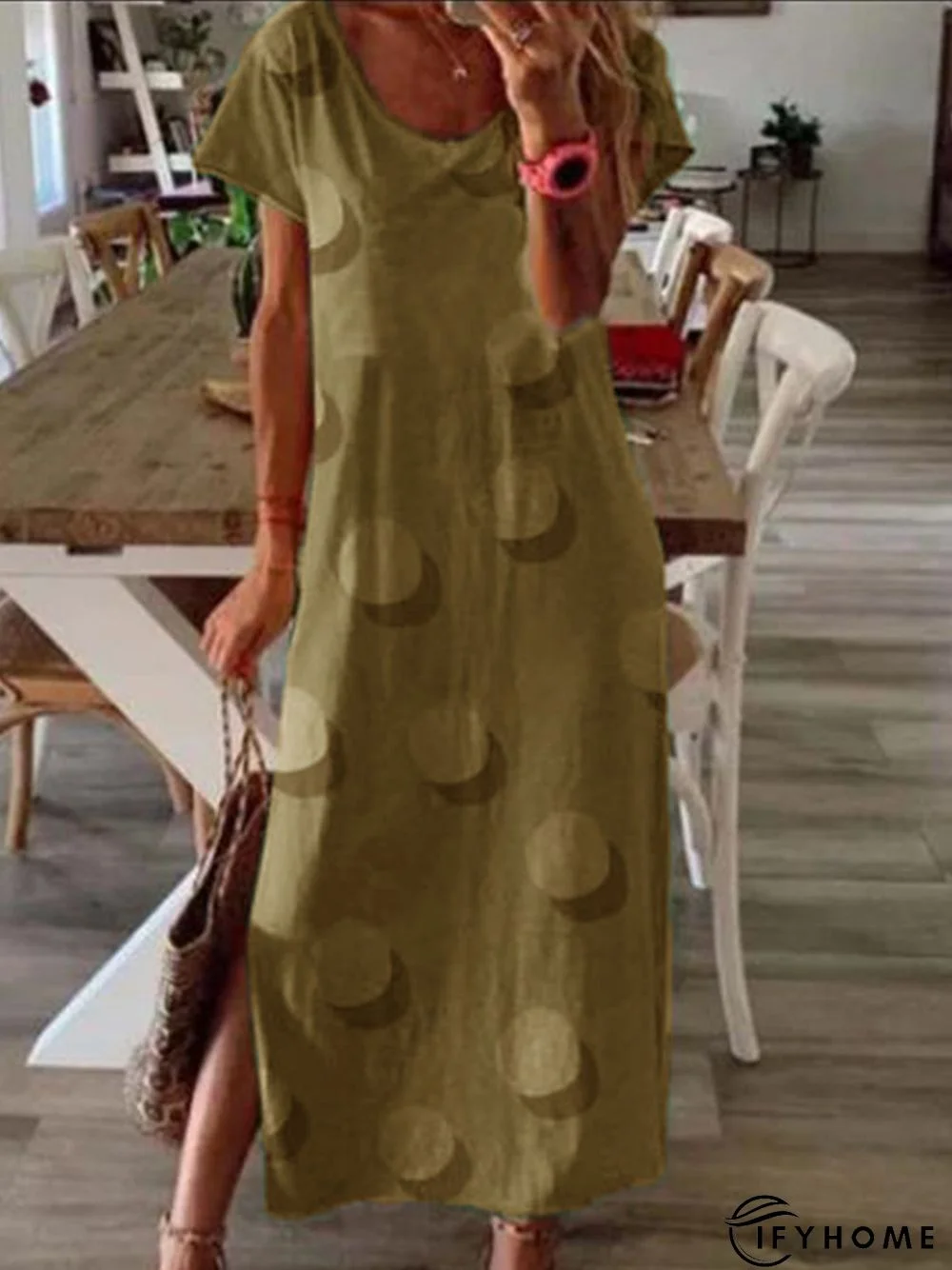 Green Polka Dots Short Sleeve Round Neck Knitting Dress | IFYHOME