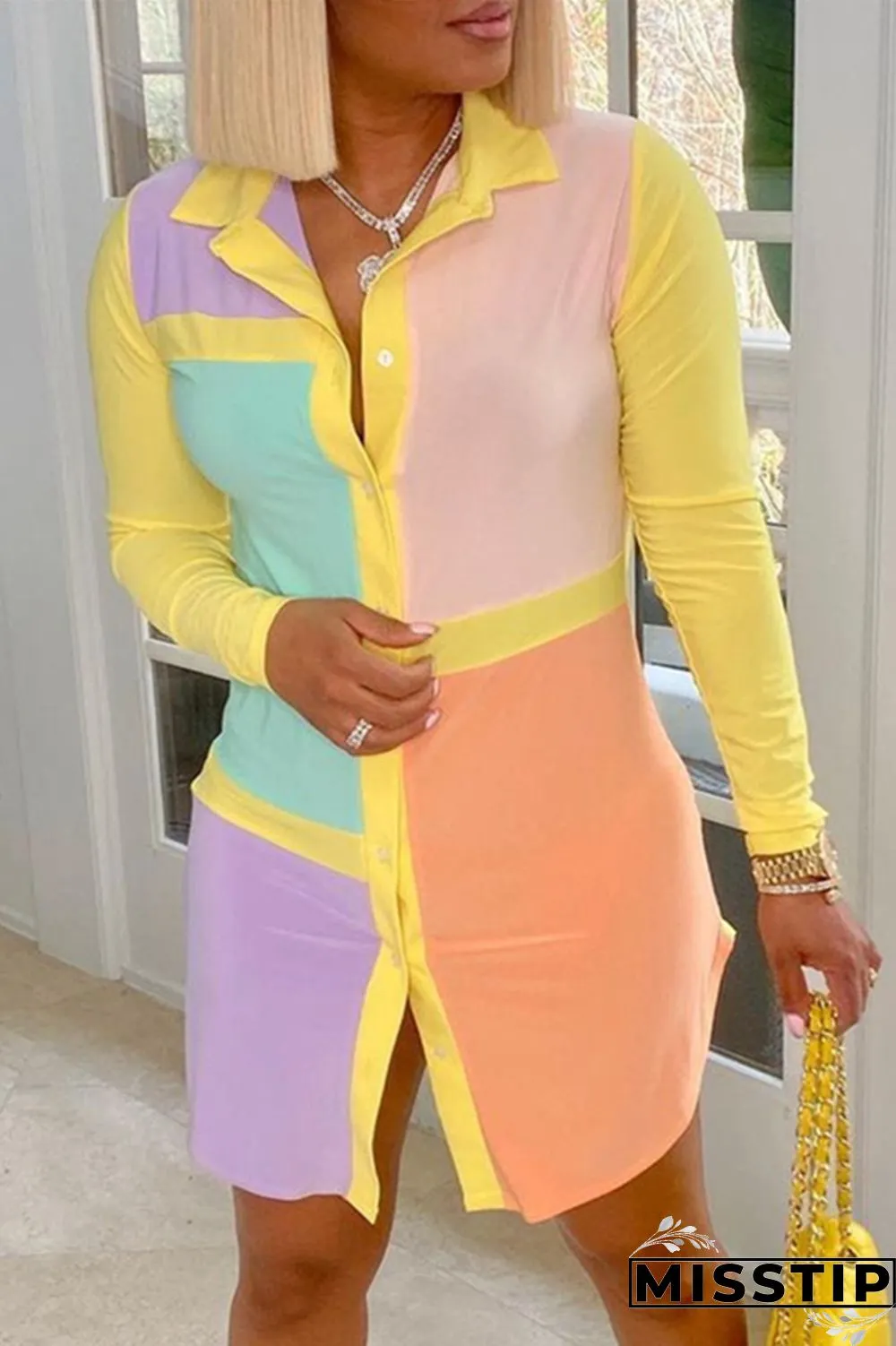Pink Fashion Casual Patchwork Basic Turndown Collar Shirt Dress