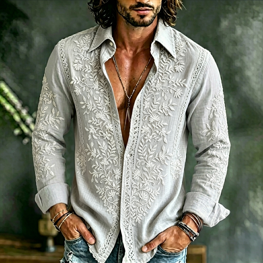 Men's Causal Floral Art Print Flowy Linen Blend Shirt  artssus