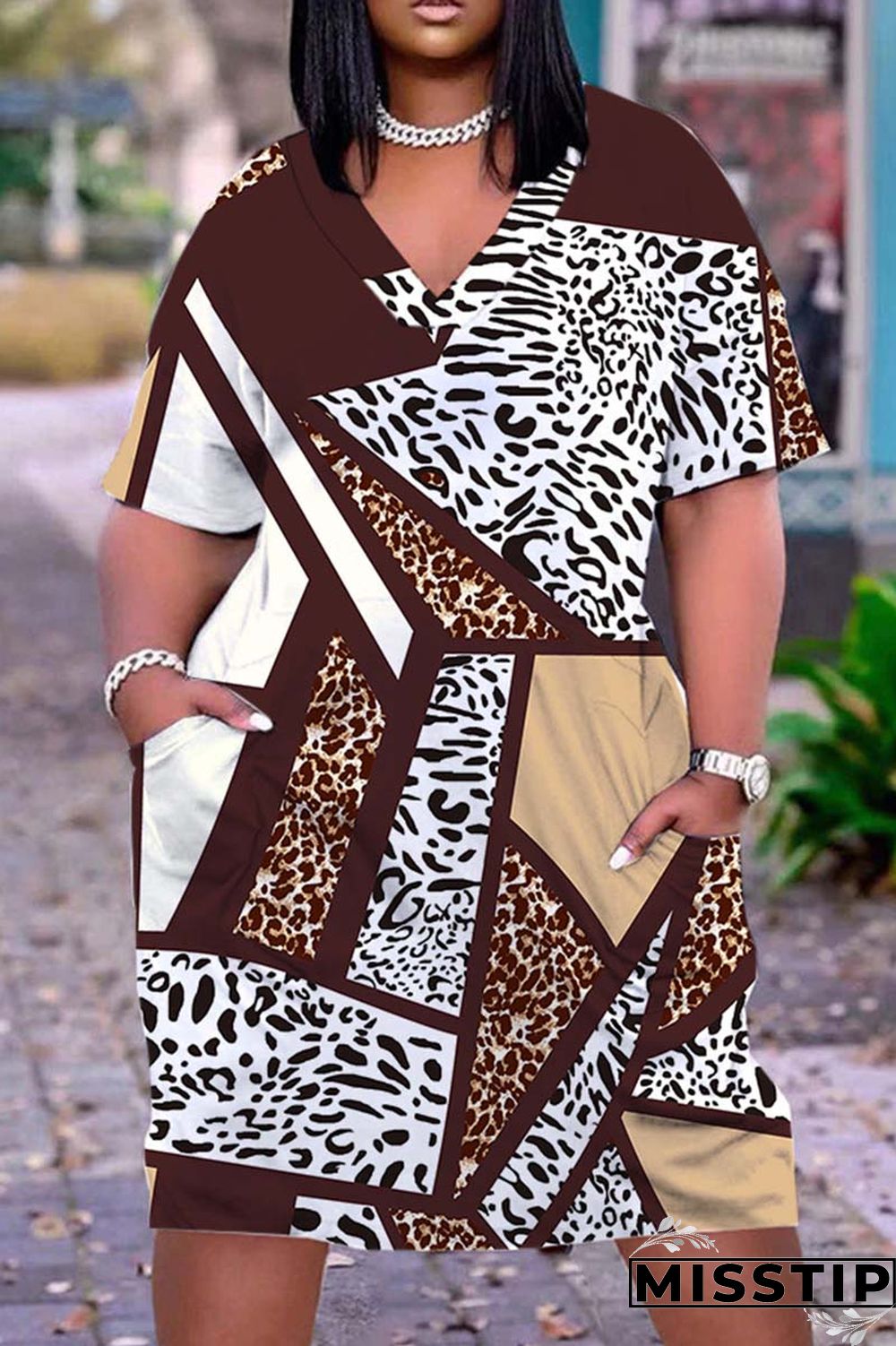 Coffee Casual Print Patchwork V Neck Short Sleeve Dress