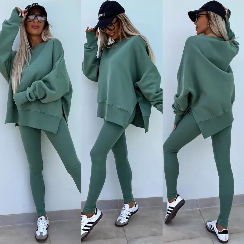 Oversize Two-Piece Set Women's Split Hem Sweatshirt & Skinny Pants, Casual Fashion Cozy Round Neck Long Sleeve Pullover Women's Clothing for Fall & Basic Winter Suits Womenswear Gamis