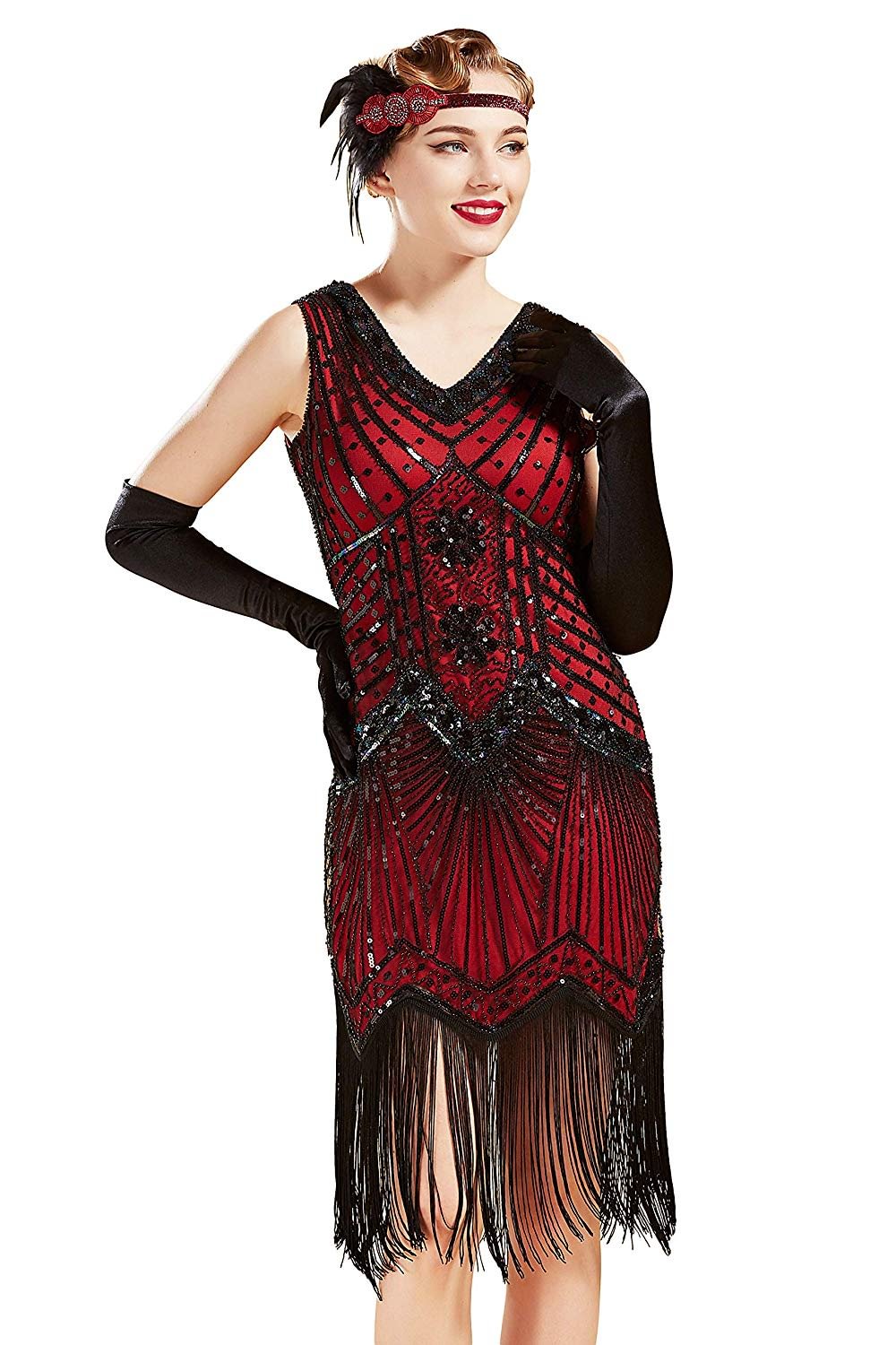 Women's 1920s  Dresses V Neck Beaded Fringed Great Gatsby Flapper Dress