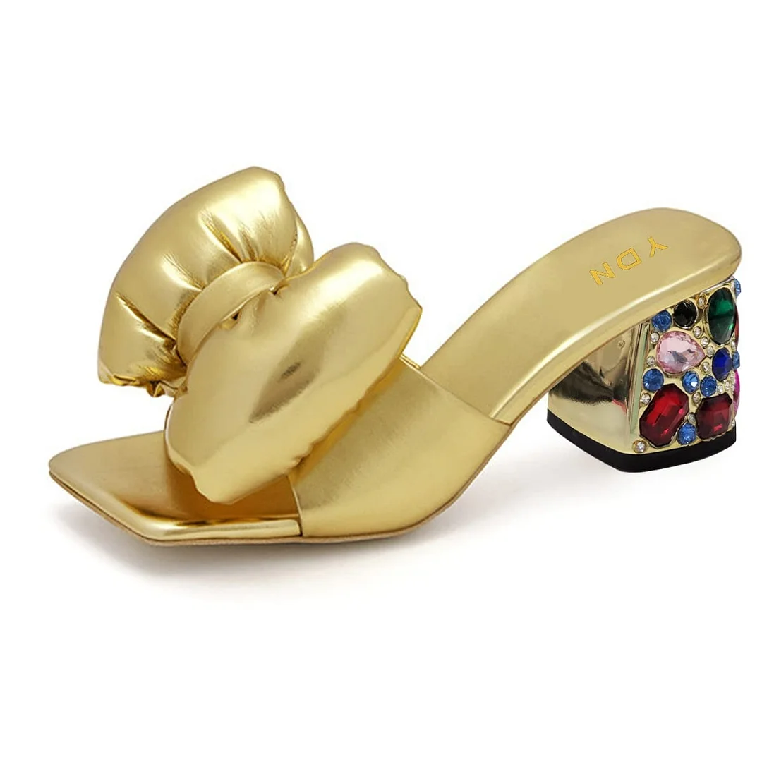 YDN Gold Open Square Toe Slip On Bow Heeled Mules with Rhinestone