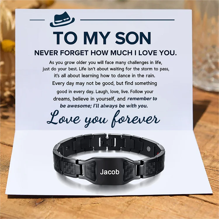 Personalized To My Son Carbon Fiber Energy Bracelet Gift Set, Custom Name Men's Bracelet Bangle Gifts For Son