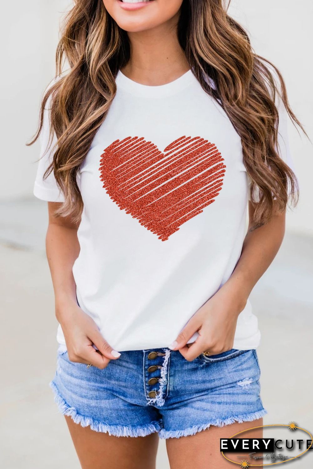 White Heart Shape Glitter Patter Print Short Sleeve T Shirt