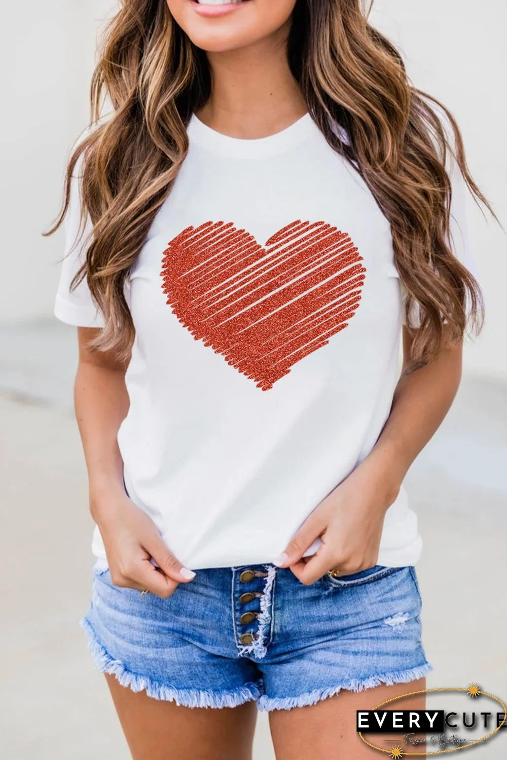 White Heart Shape Glitter Patter Print Short Sleeve T Shirt