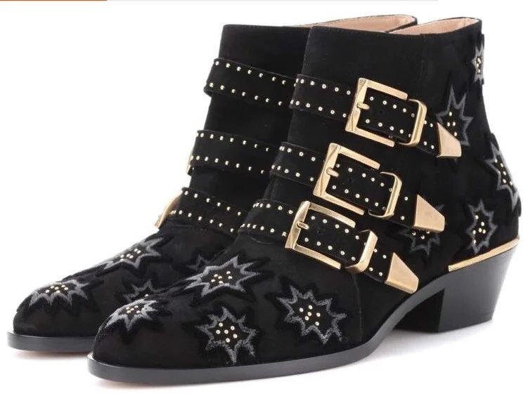 VCSHOES Women Black Buckle Zip Side Round Toe Star Low Heels Comfortable Rivets Plus Size Short Ankle Boots Lady
