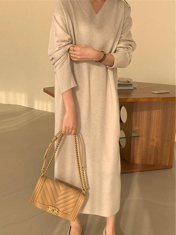 Urban Loose Long Sleeves Solid Color V-Neck Sweater Dresses