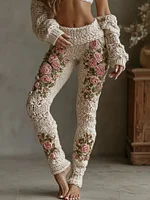 Women's Vintage Rose Floral Art Cozy Knit Leggings