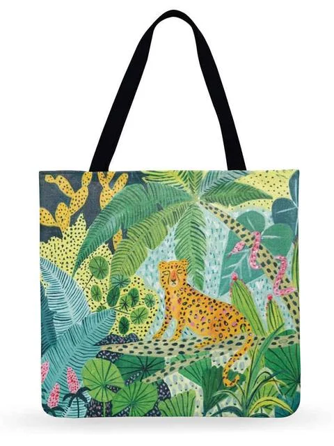 Linen Eco-friendly Tote Bag - Woman And Tropical Plant