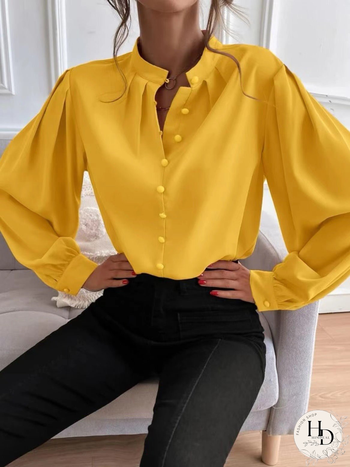 Blouses Solid Lapel Button Long Sleeve Blouse for Women