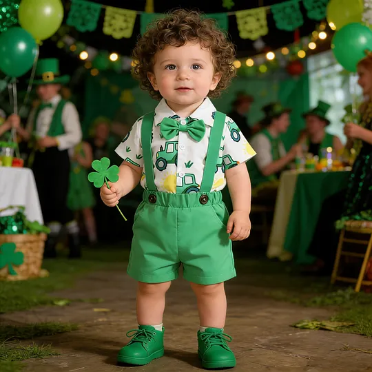 【0M-18M】Boys' St. Patrick's Day Outfit – Bow Tie Shirt & Suspender Shorts Set