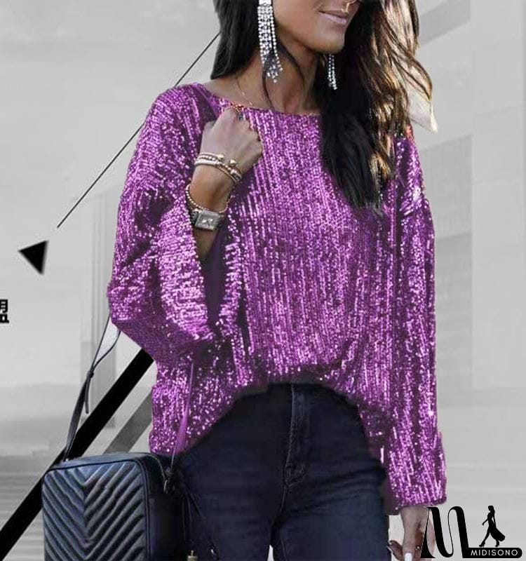 MidiSono - Round neck sequins simple shirt