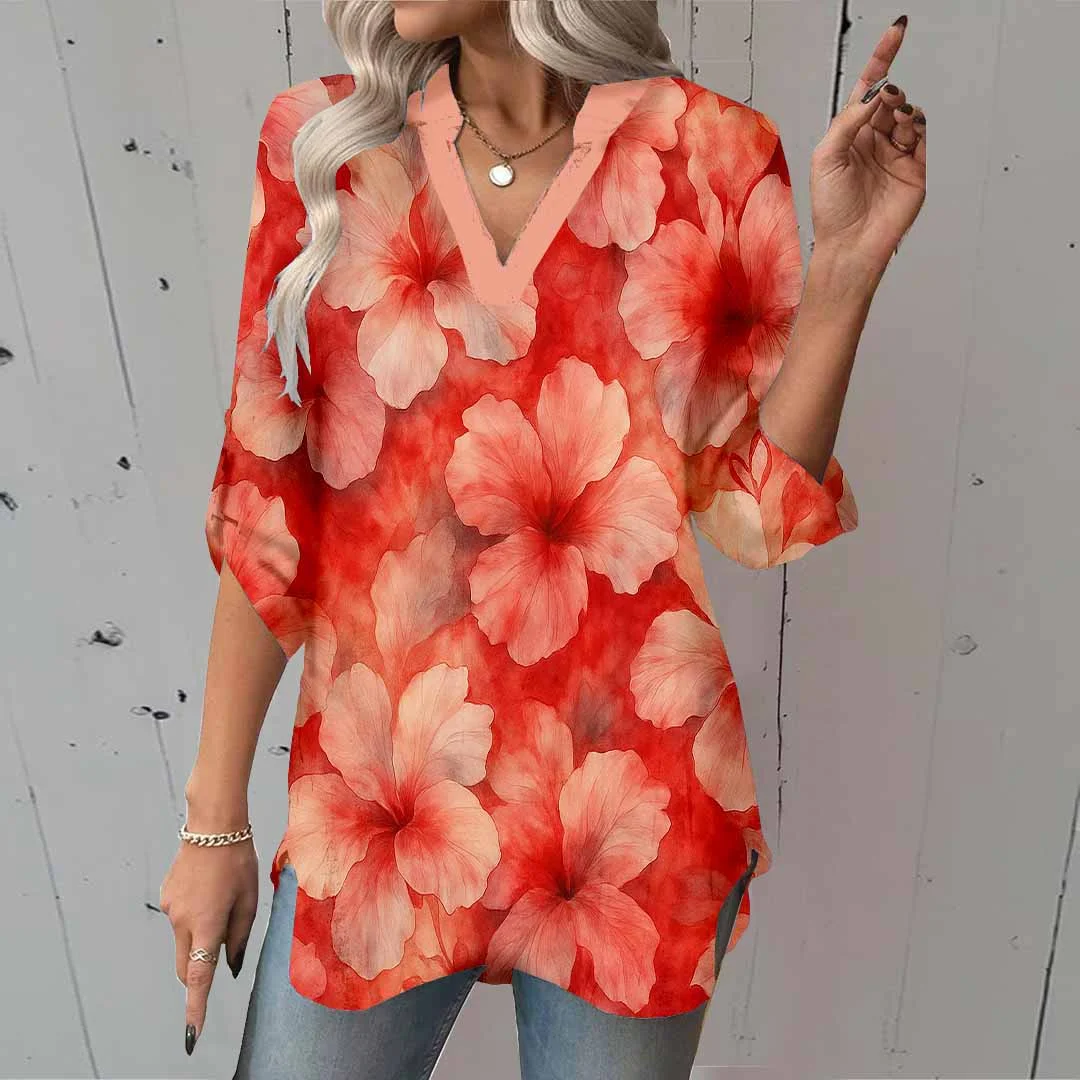 Women Floral, Pink, Red,Ladynora DZGA0072 3/4 Sleeve V-neck Printed Graphic Button Tops