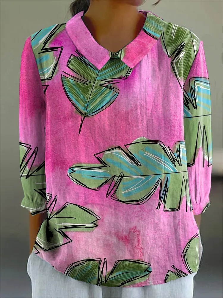 Women's Pink Leaf Pattern Print Casual Cotton And Linen 3/4 Sleeve Shirt