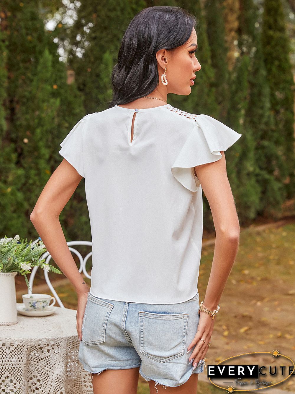 White Hollow Out Front Lace Up Tops