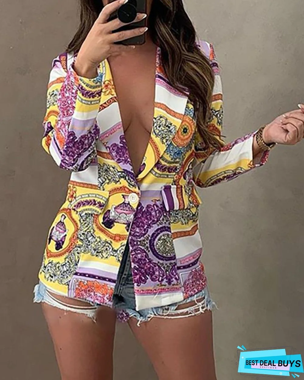 Chain Scarf Print Lapel Collar Single Button Blazer