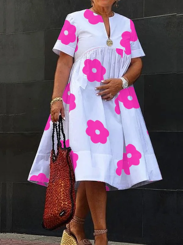 Split-Joint Pleated Flower Print Short Sleeves Loose V-Neck Midi Dresses