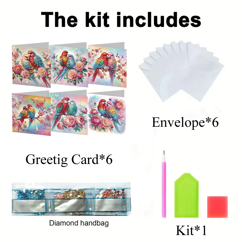 6Pcs Parrot On Tree DIY Diamond Painting Greeting Card 5D Drill Painting Card【With White Envelope】