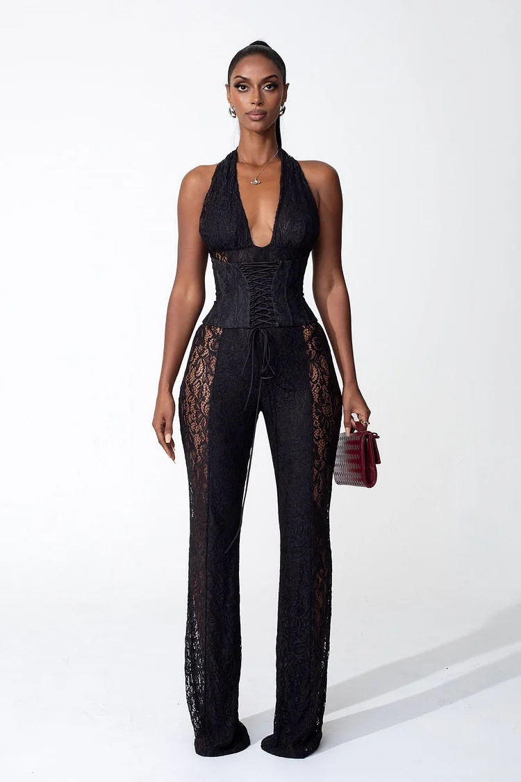 Martha Halter Neck Sheer Lace Jumpsuit