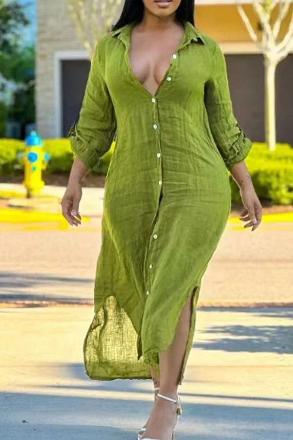 Classic Single Breasted Side Slit Midi Dress