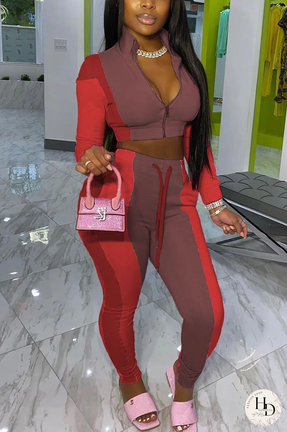 Wine Red Fashion Casual Solid Patchwork Zipper Collar Long Sleeve Two Pieces
