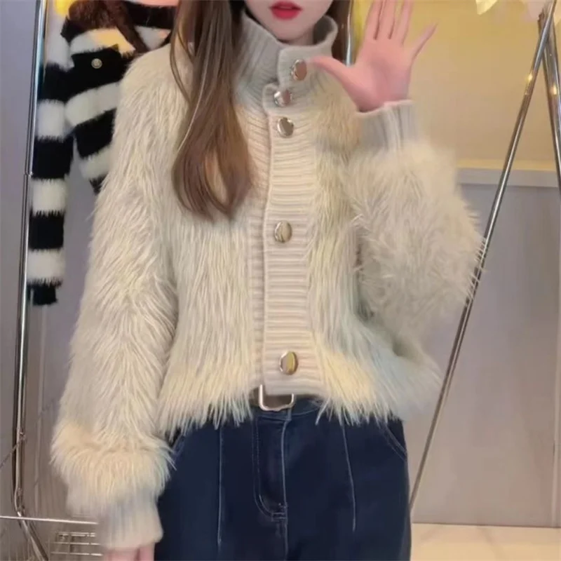 Toloer Toloer New Imitation Mink Velvet Standing Collar Sweater Cardigan Female Autumn Loose And Thick Age Reduction Jacket Coat-Outfit Ideas