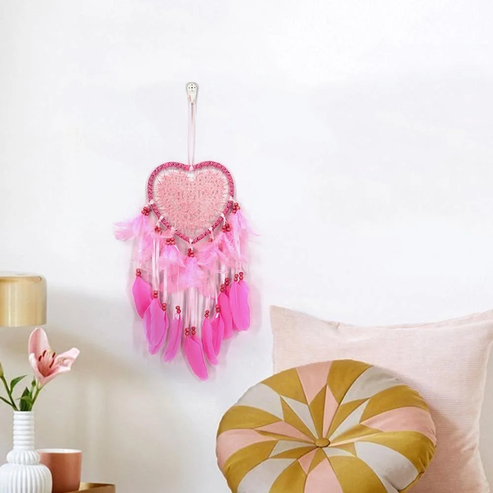 Heart Dream Catcher LED Light Feathers Wall Hanging Dreamcatcher (Pink)